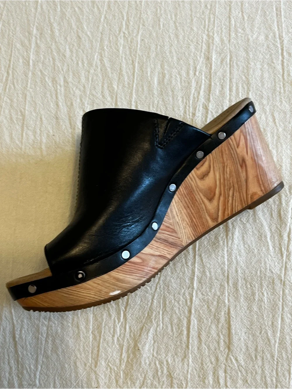 Clarks Collection Black Leather Open Toe Wedge Mule Sandals Clogs Women’s 8